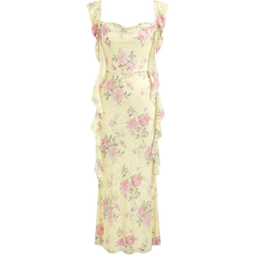 Women's Floral Light Yellow Wedding Guest Dresses Summer Maxi Dress Sleeveless